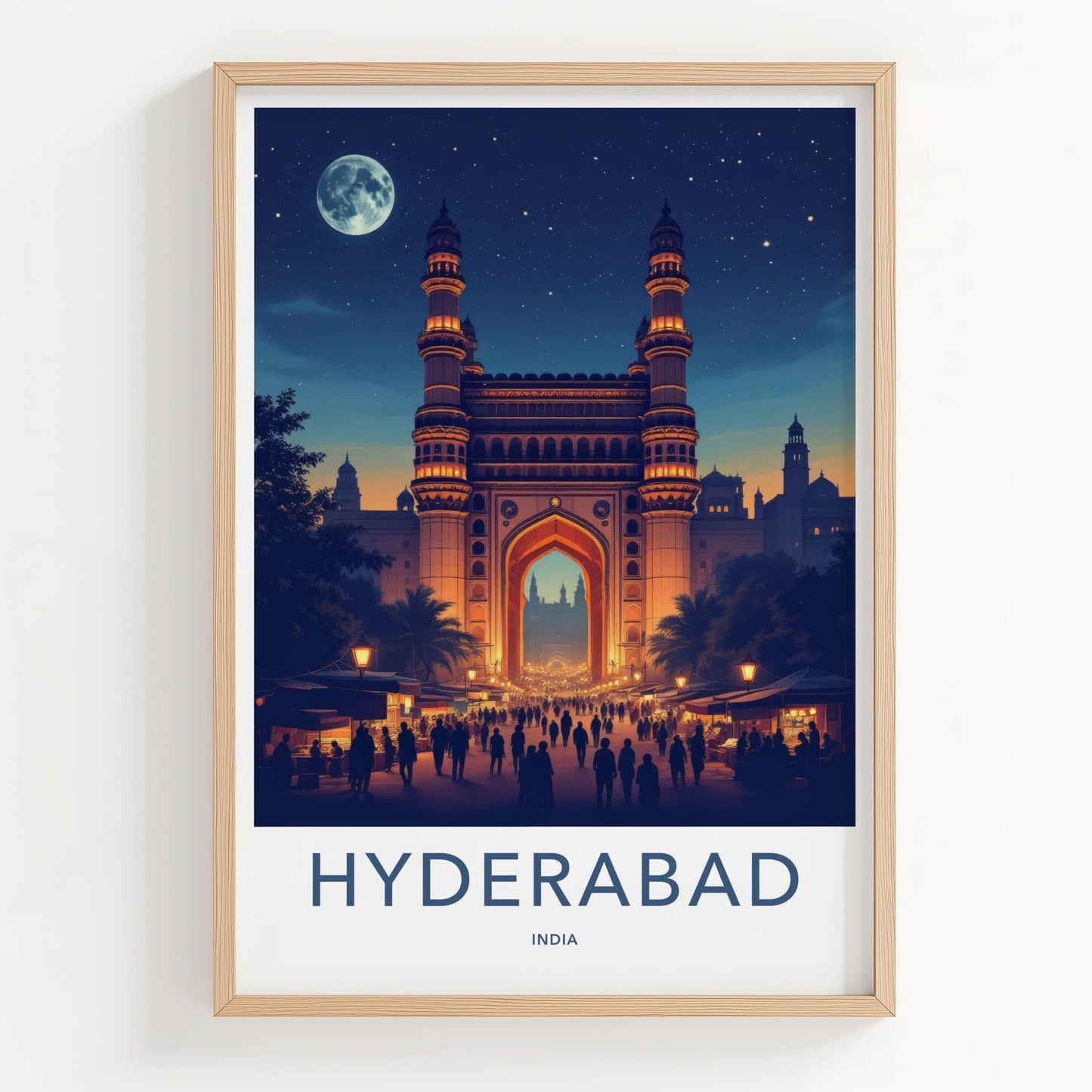 Hyderabad Poster - India Wall Art - Telangana Charminar Full Moon Home Decor