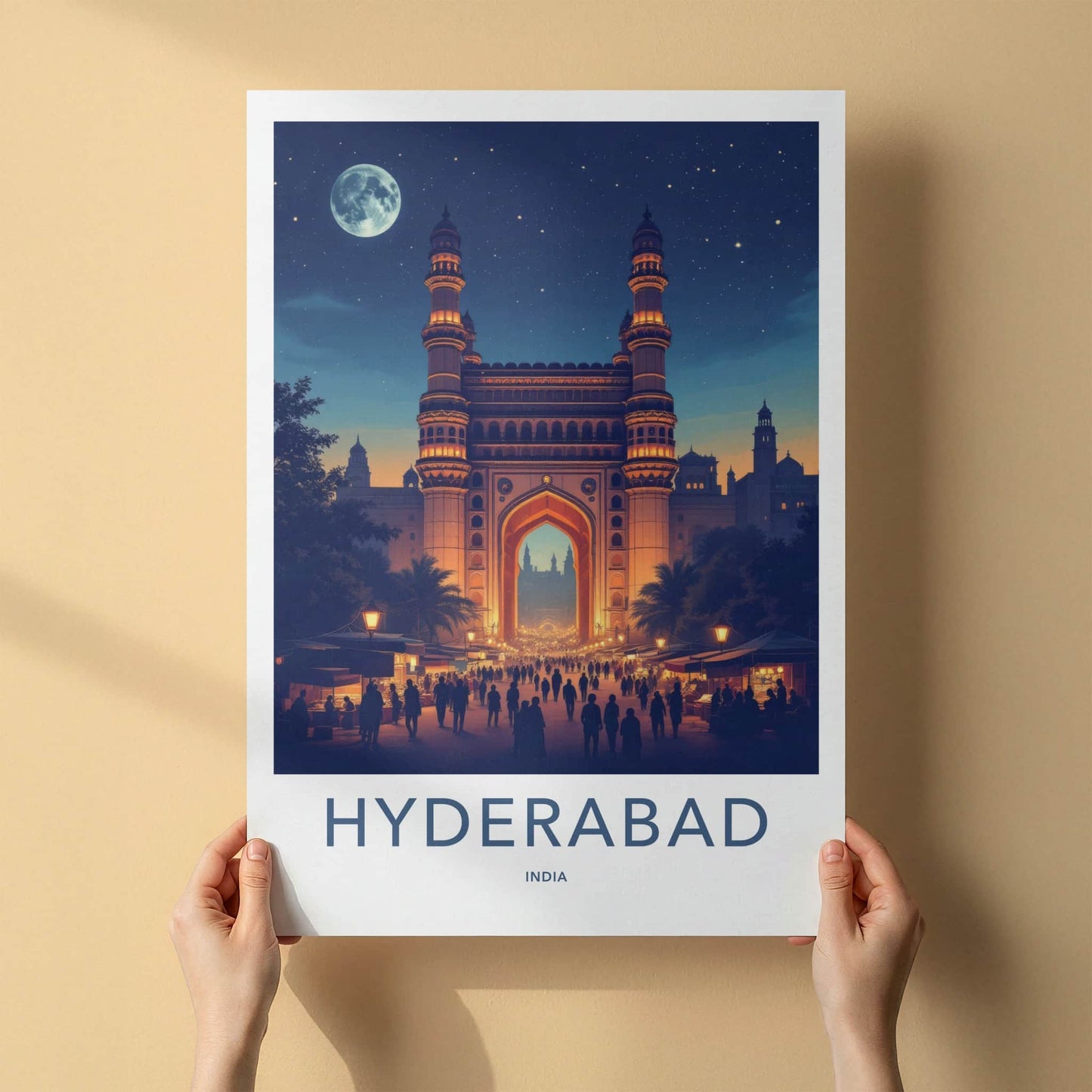 Hyderabad Poster - India Wall Art - Telangana Charminar Full Moon Home Decor