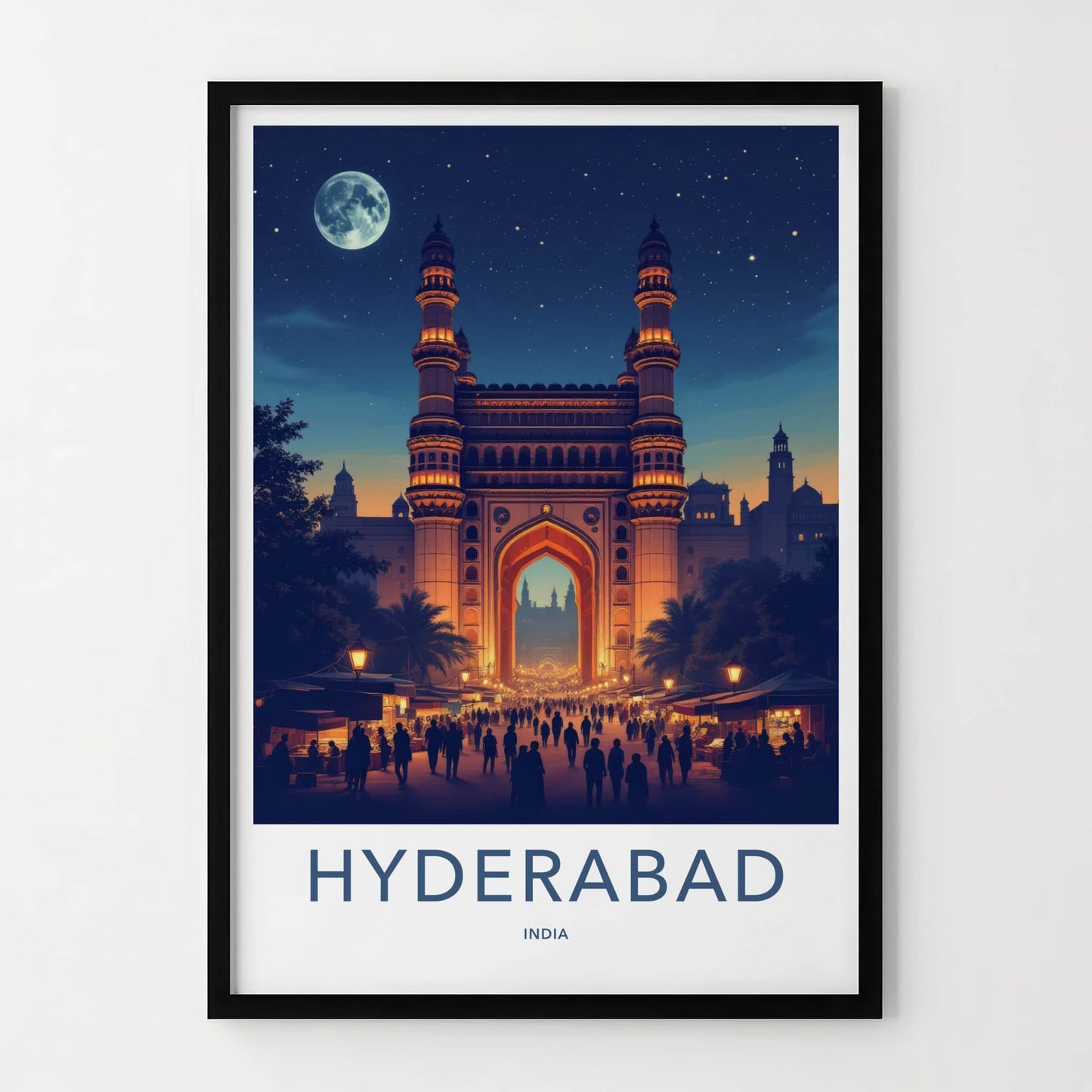 Hyderabad Poster - India Wall Art - Telangana Charminar Full Moon Home Decor