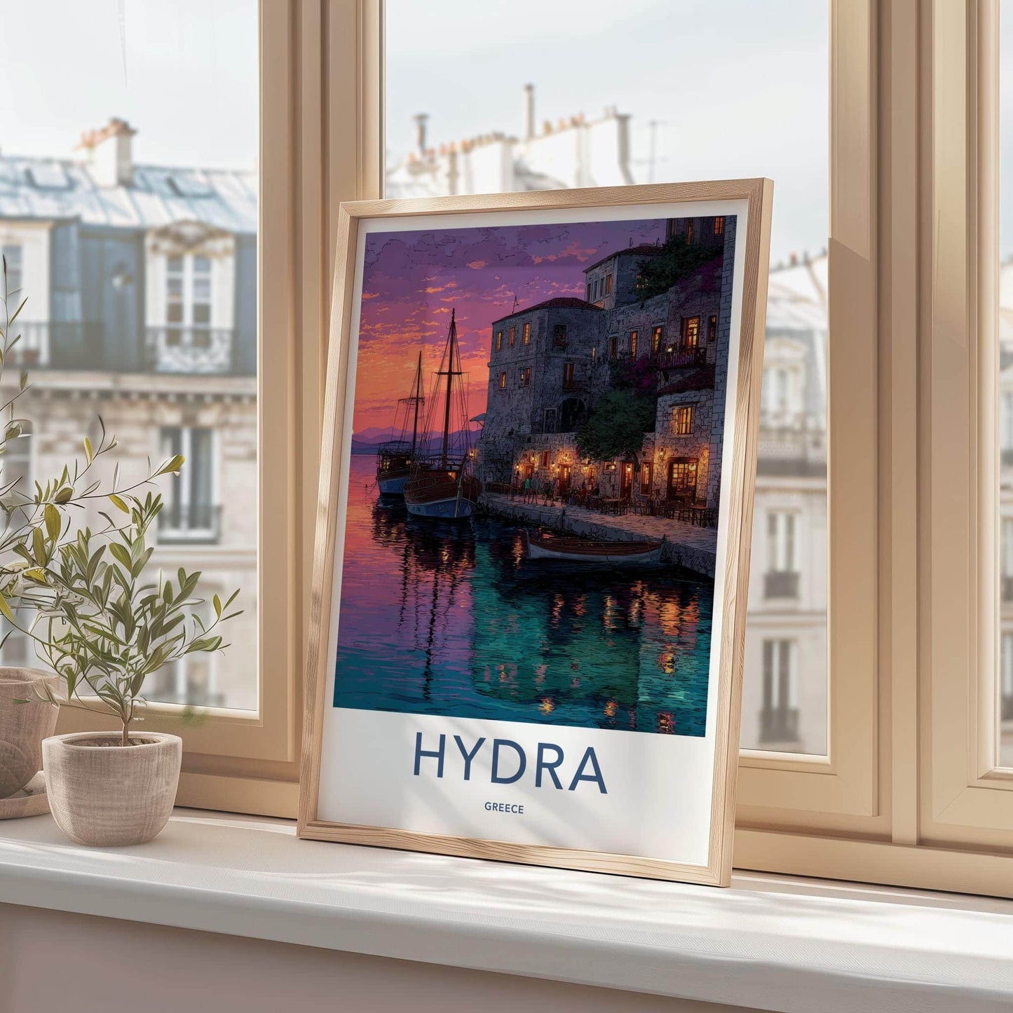 Hydra Poster - Greece Travel Art - Colorful Sunset Harbor Home Decor