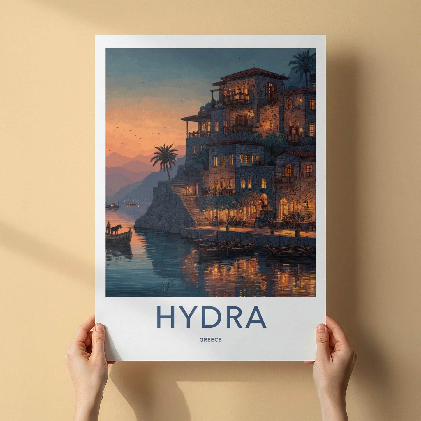 Hydra Poster - Greece Travel Art - Waterfront Village Lights Home Decor