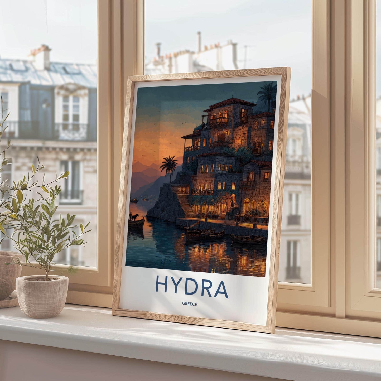 Hydra Poster - Greece Travel Art - Waterfront Village Lights Home Decor