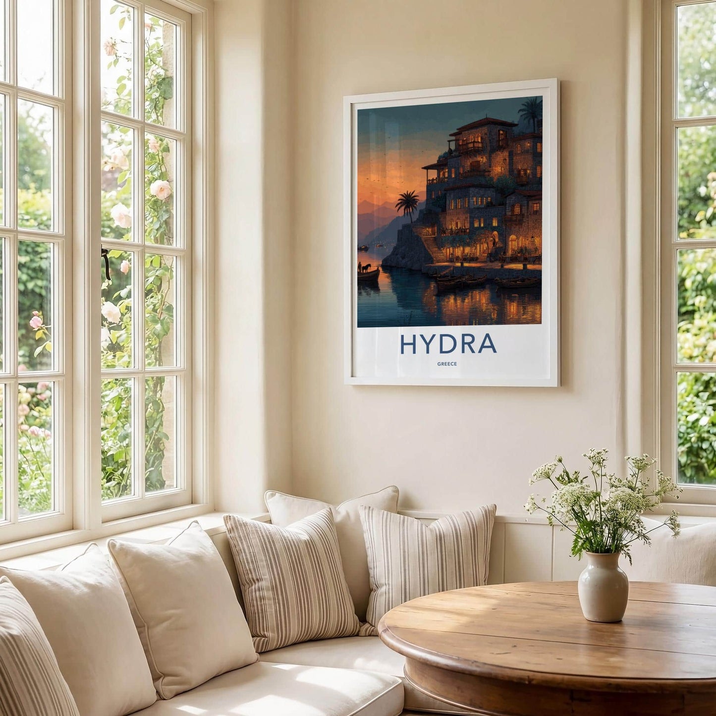 Hydra Poster - Greece Travel Art - Waterfront Village Lights Home Decor