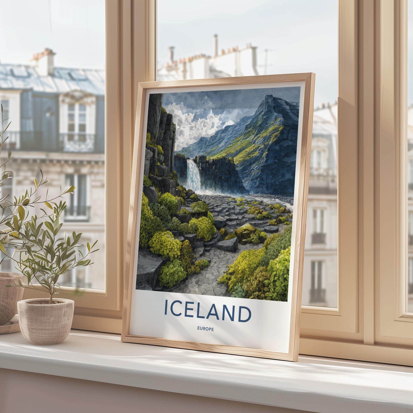 Iceland Poster - Iceland Travel Art - Basalt Column Waterfall Wall Decor