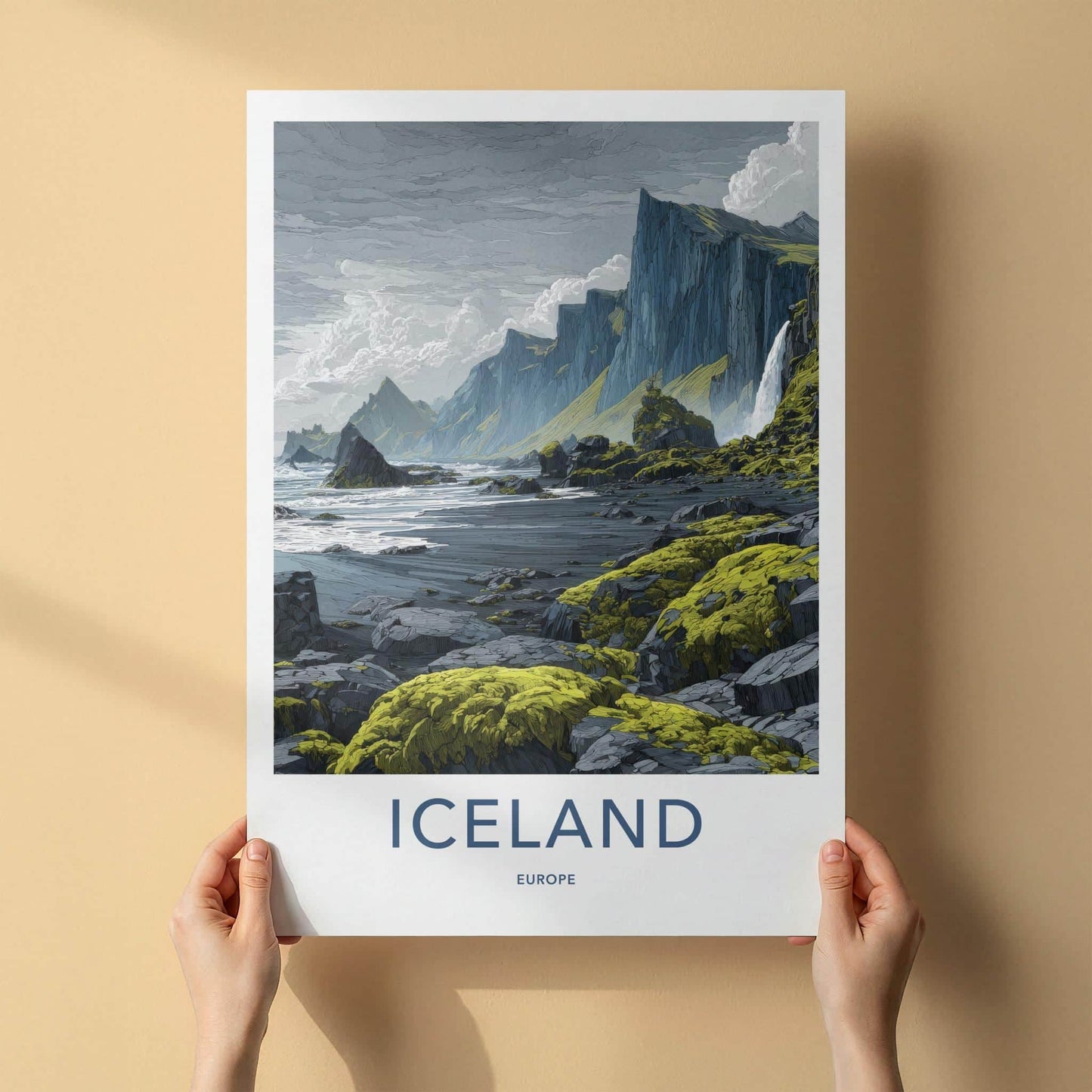 Iceland Poster - Iceland Travel Art - Dramatic Coast Waterfall Home Decor