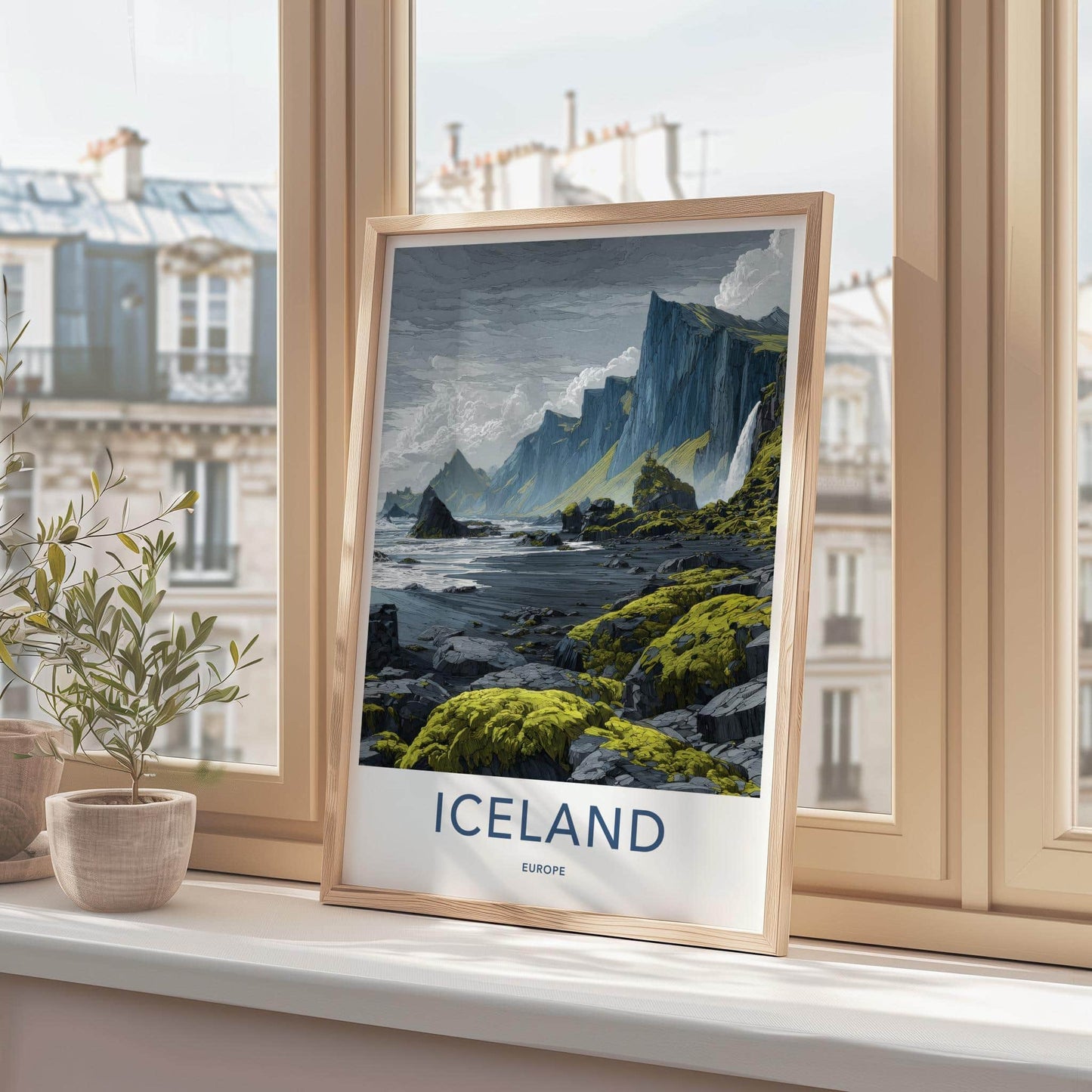 Iceland Poster - Iceland Travel Art - Dramatic Coast Waterfall Home Decor