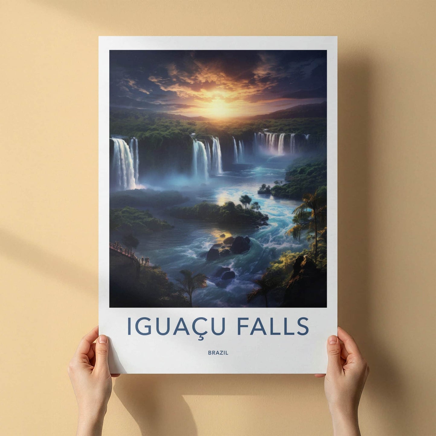 Iguacu Falls Poster - Brazil Travel Art - Majestic River Sunset Home Decor