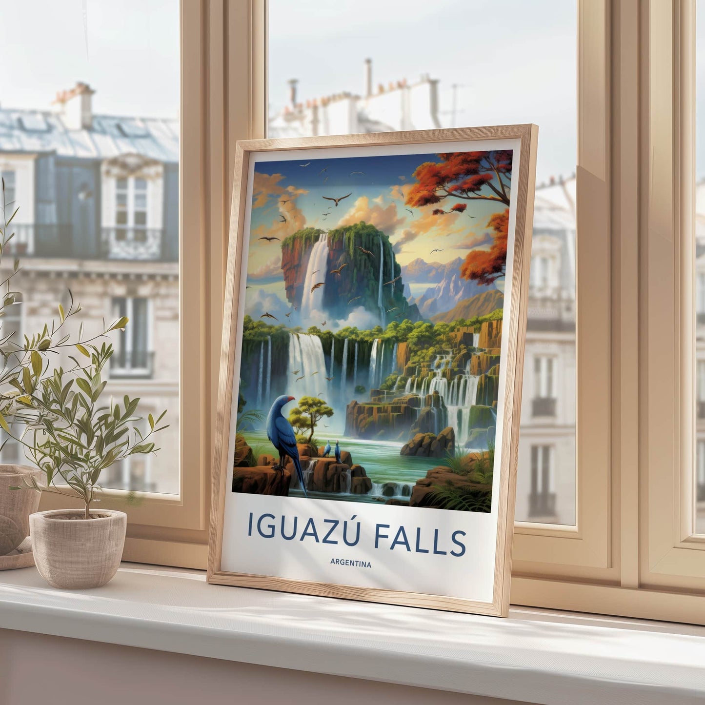Iguazu Falls Poster - Argentina Travel Art - Tropical Waterfall Birds Wall Decor