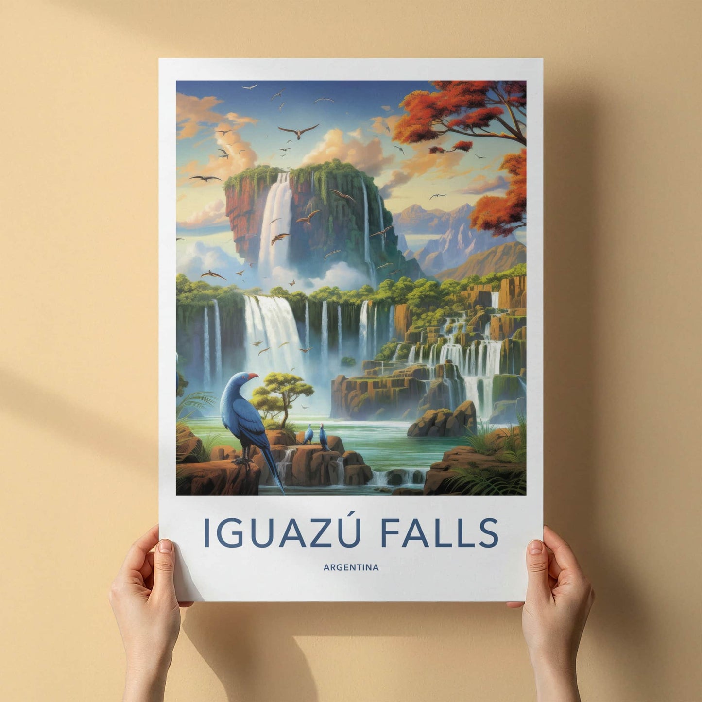 Iguazu Falls Poster - Argentina Travel Art - Tropical Waterfall Birds Wall Decor