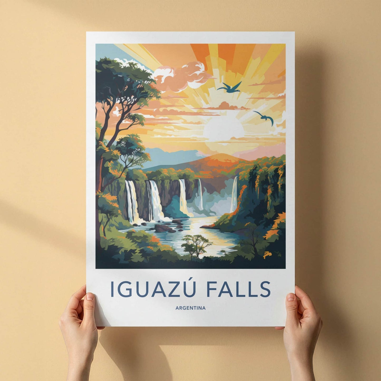 Iguazu Falls Poster - Argentina Travel Art - Vibrant Falls Birds Home Decor