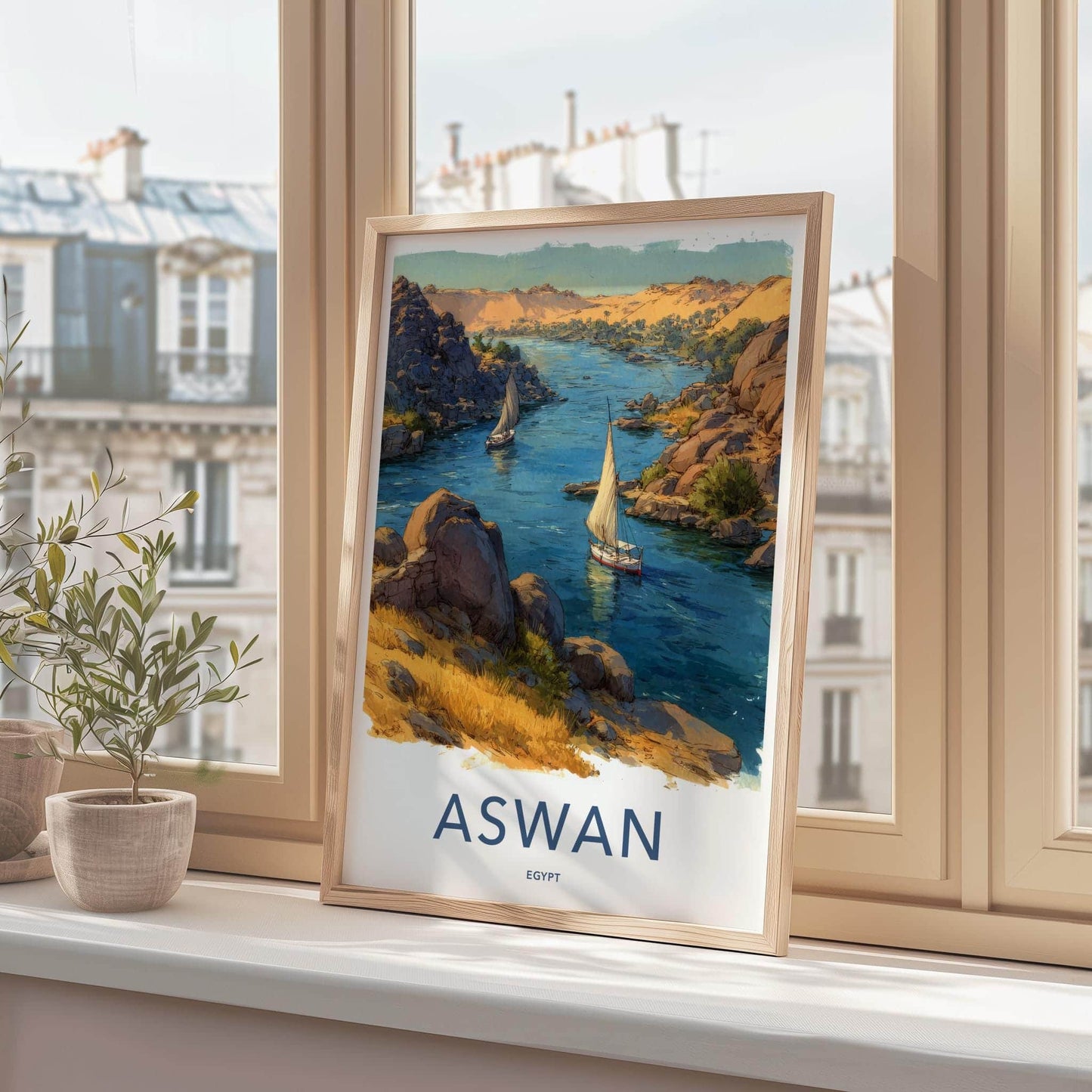 Aswan Poster - Egypt Scenic Art - Nile river boats Lounge Decor