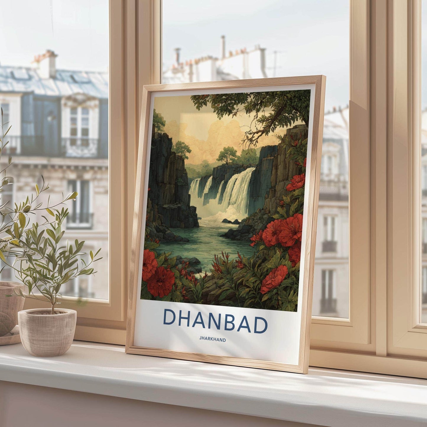 Dhanbad Poster - India Travel Art - Jharkhand Red Flowers Waterfalls Home Decor