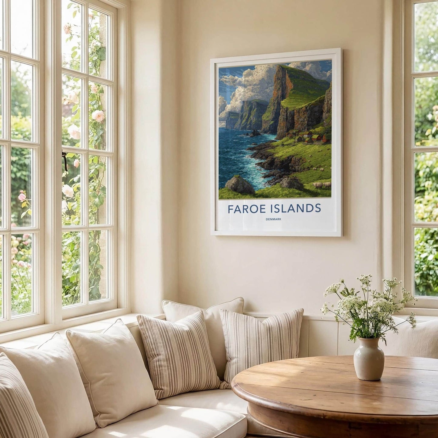 Faroe Islands Poster - Denmark Travel Art - Clifftop Village Green Home Decor