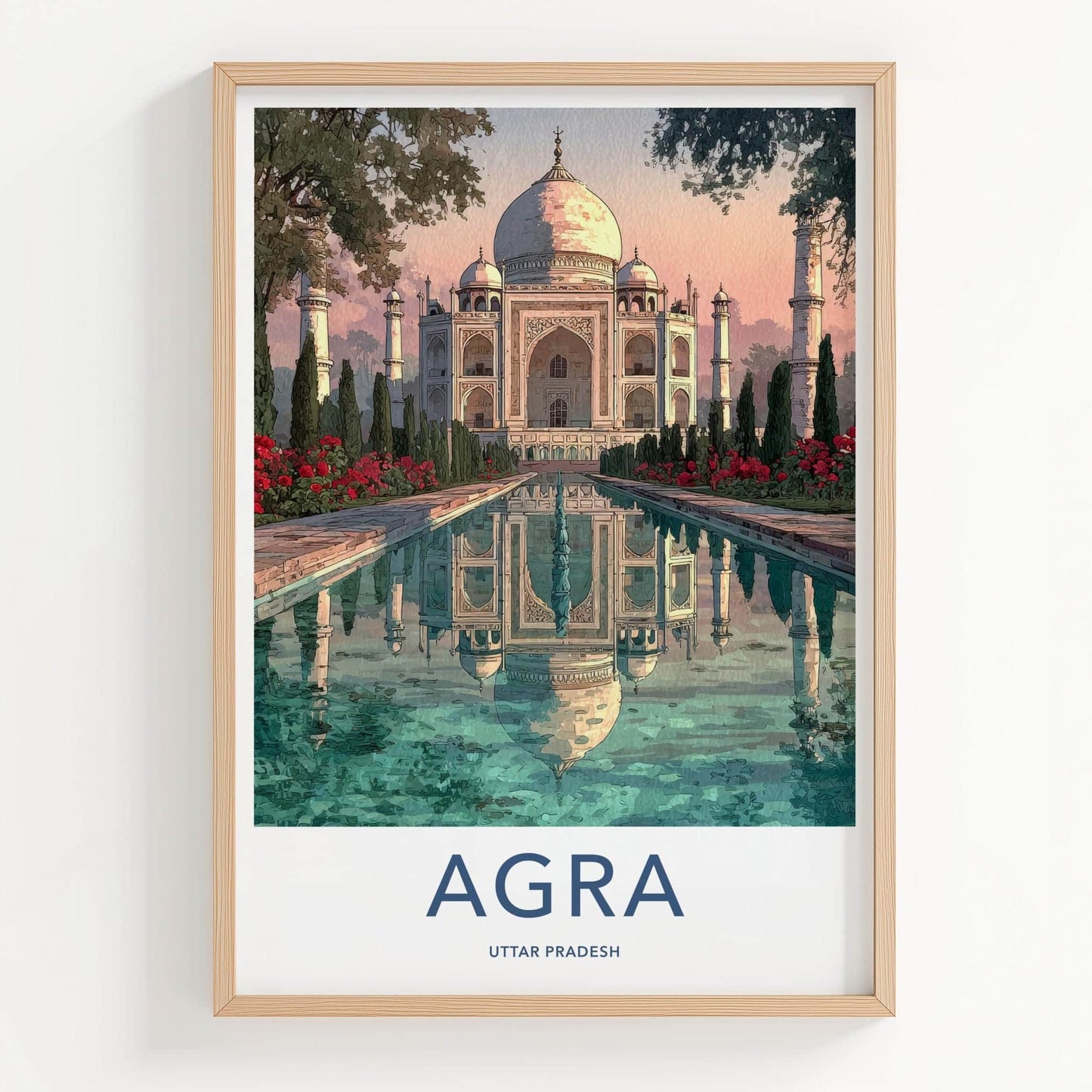 Agra Poster - India Travel Art - Uttar Pradesh Serene Water Reflection Wall Decor