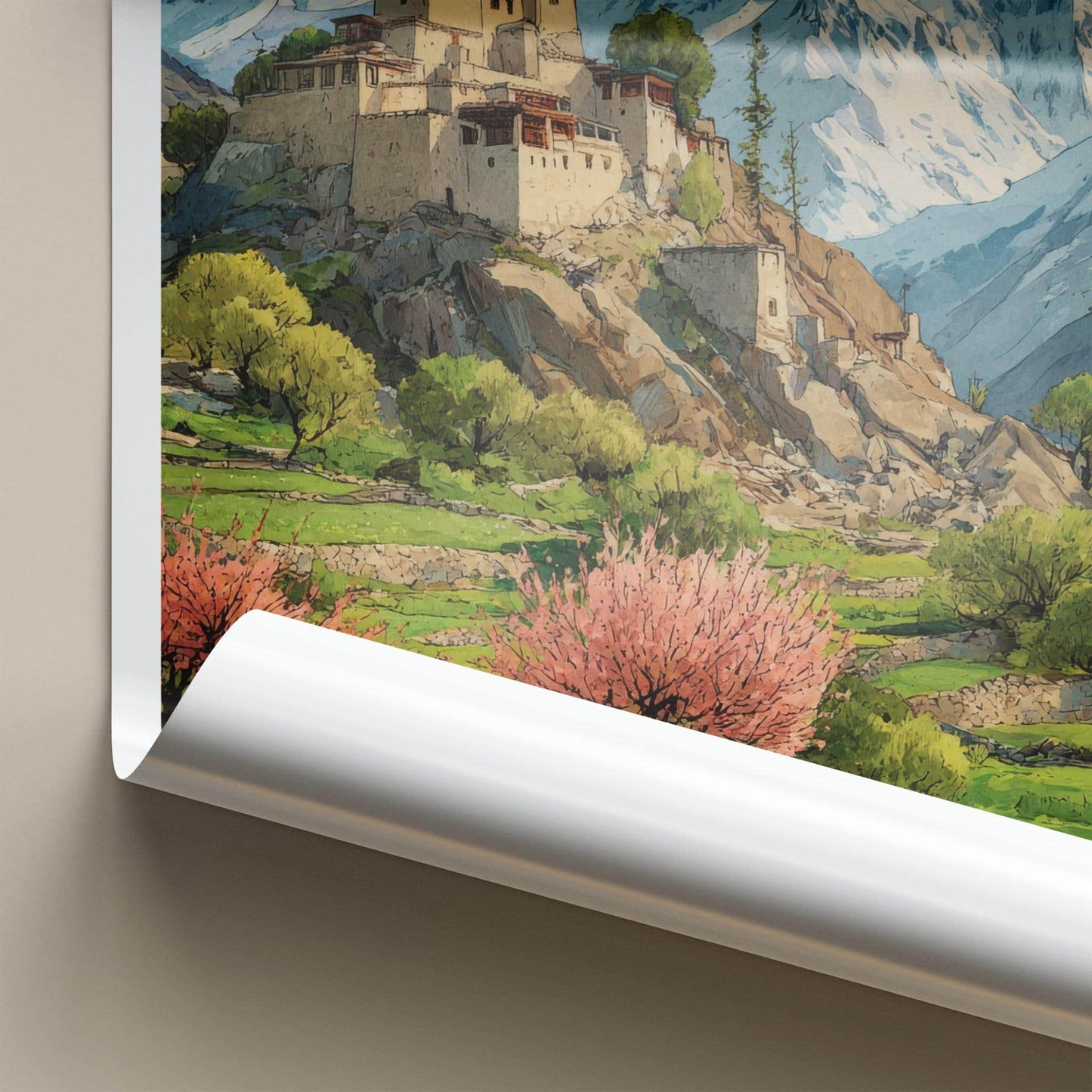 Baltit Fort Poster - Pakistan Travel Print - mountain spring blossoms Wall Decor