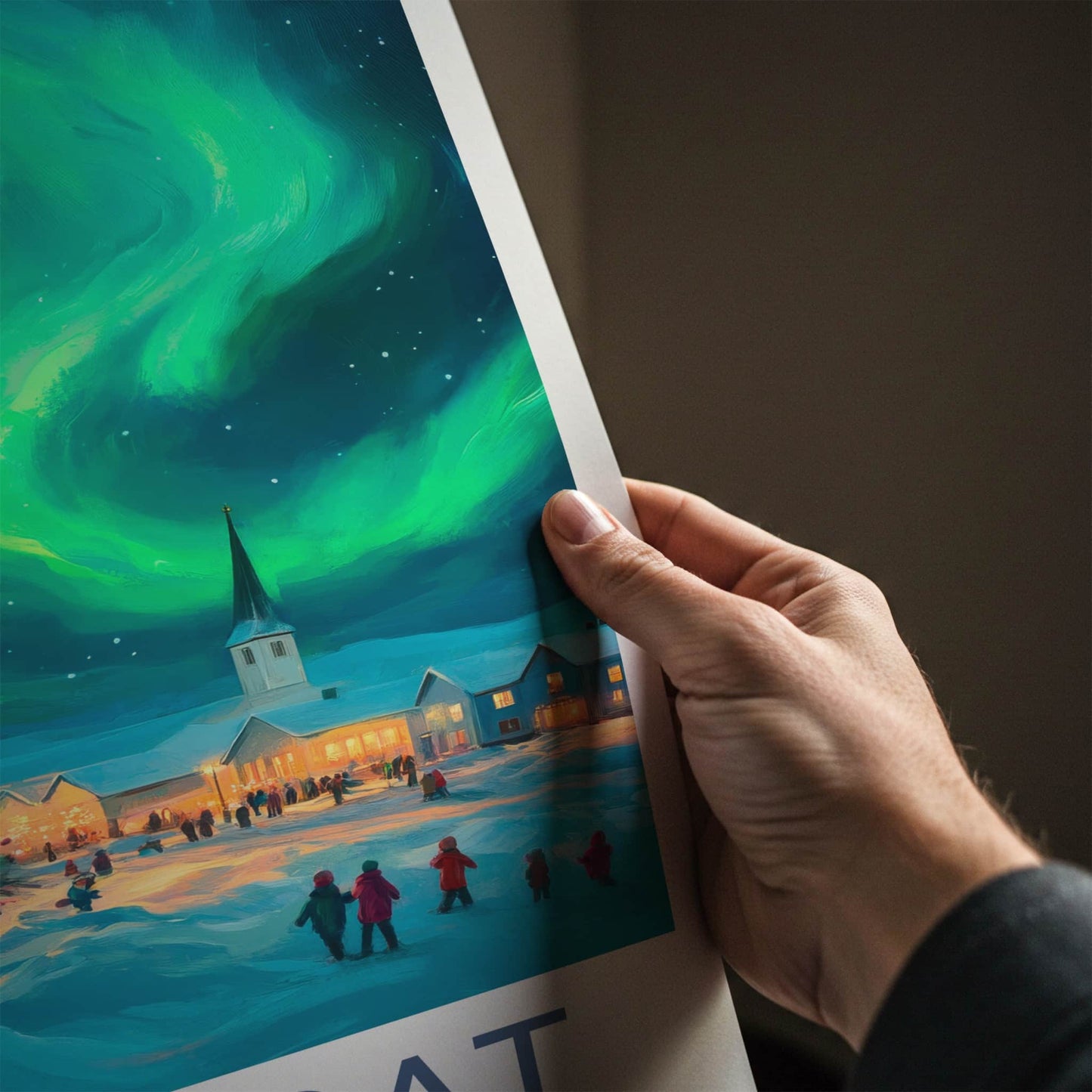 Ilulissat Poster - Greenland Travel Art - Christmas Aurora Village Home Decor