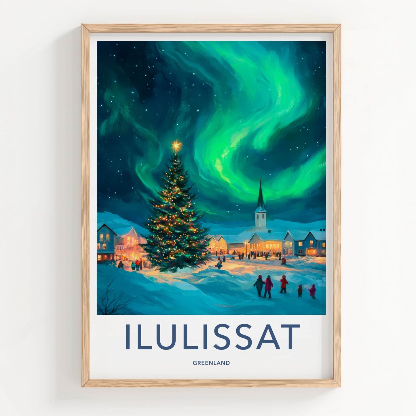 Ilulissat Poster - Greenland Travel Art - Christmas Aurora Village Home Decor
