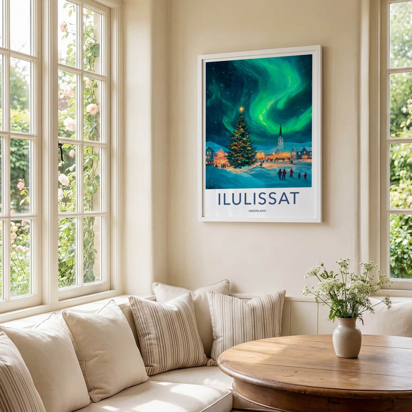 Ilulissat Poster - Greenland Travel Art - Christmas Aurora Village Home Decor