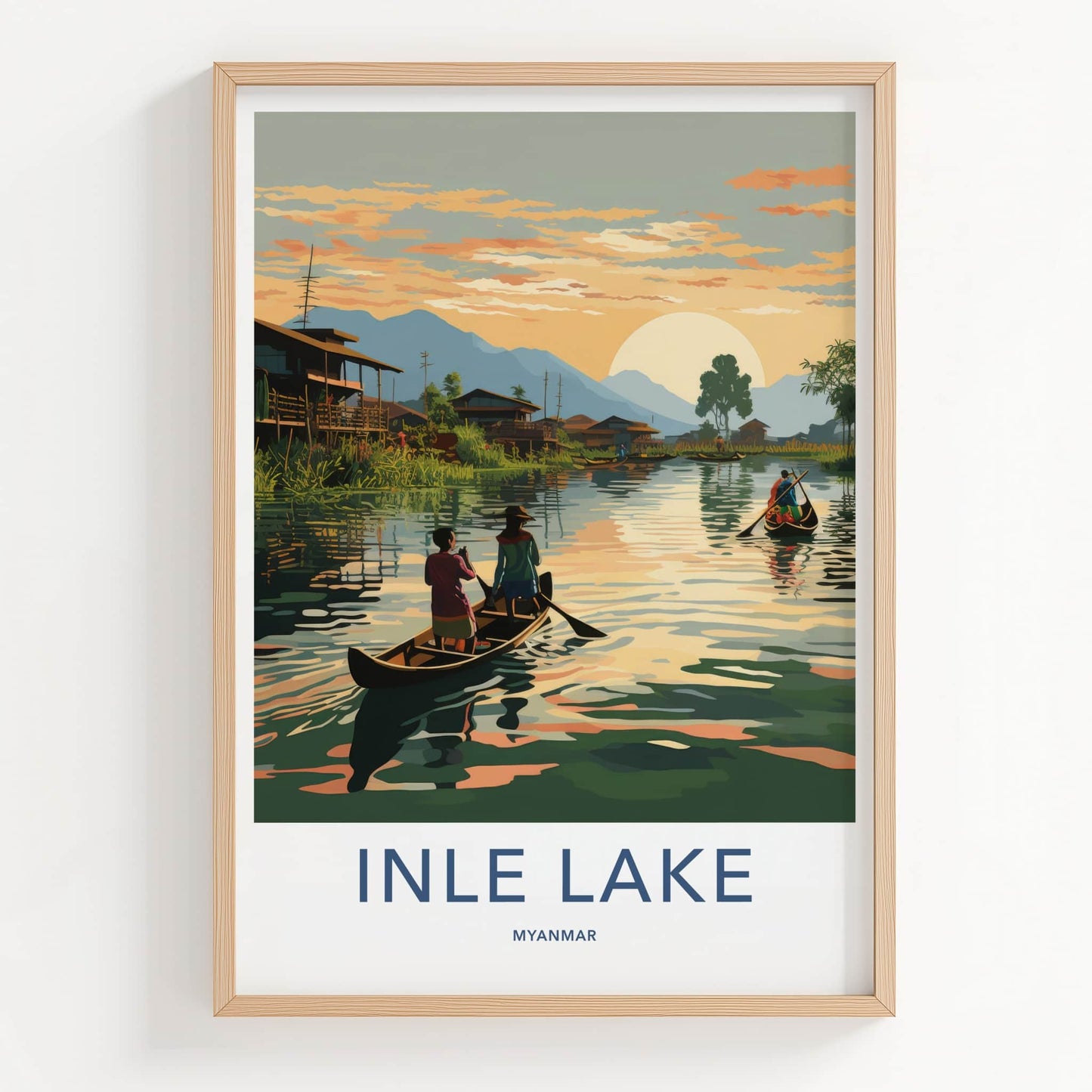 Inle Lake Poster - Myanmar Travel Art - Stilt Village Sunset Home Decor