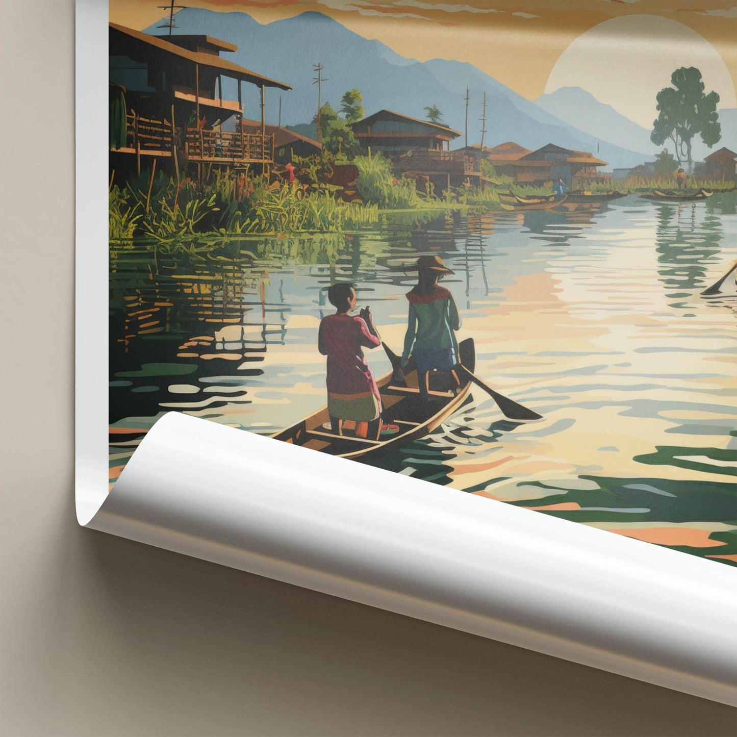 Inle Lake Poster - Myanmar Travel Art - Stilt Village Sunset Home Decor