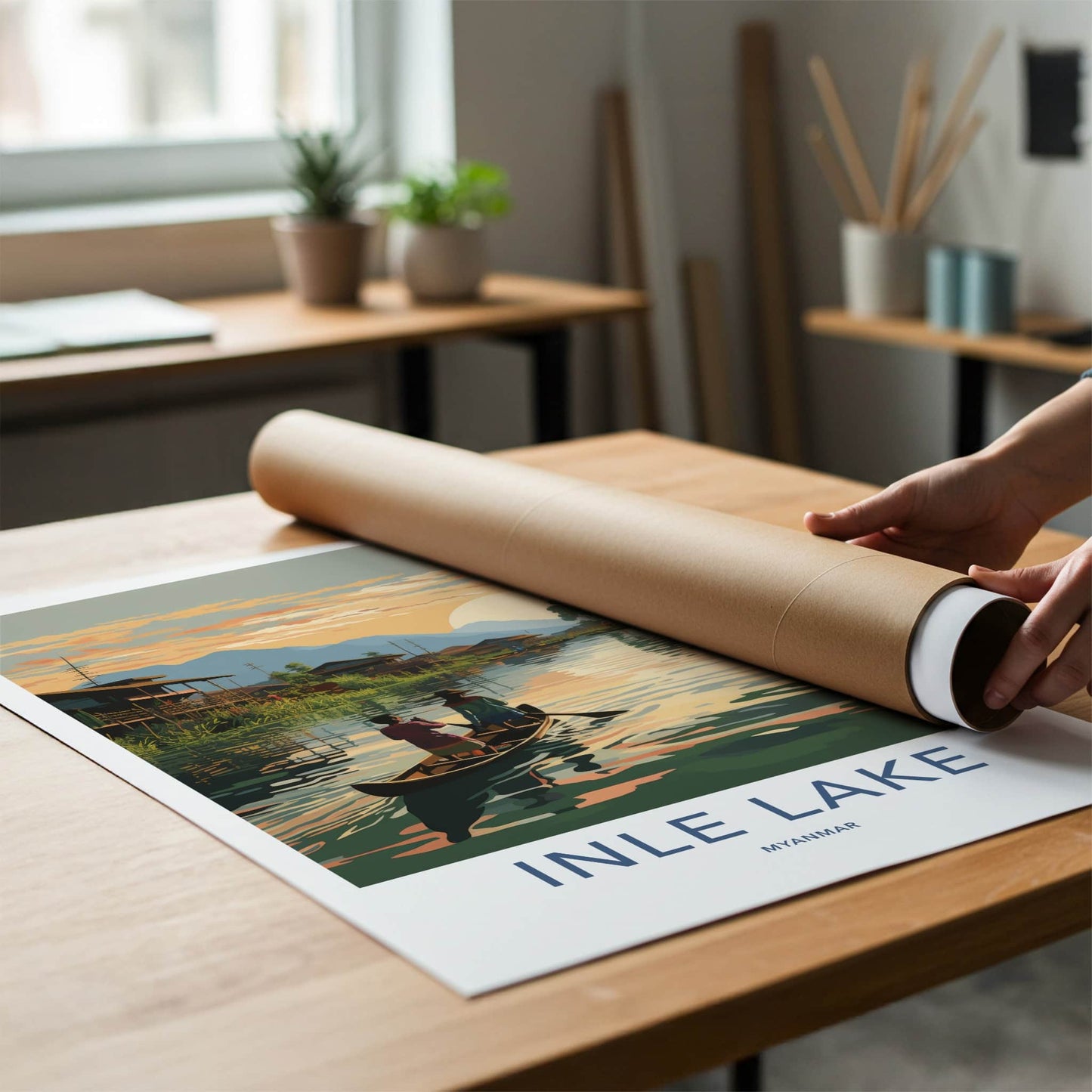 Inle Lake Poster - Myanmar Travel Art - Stilt Village Sunset Home Decor