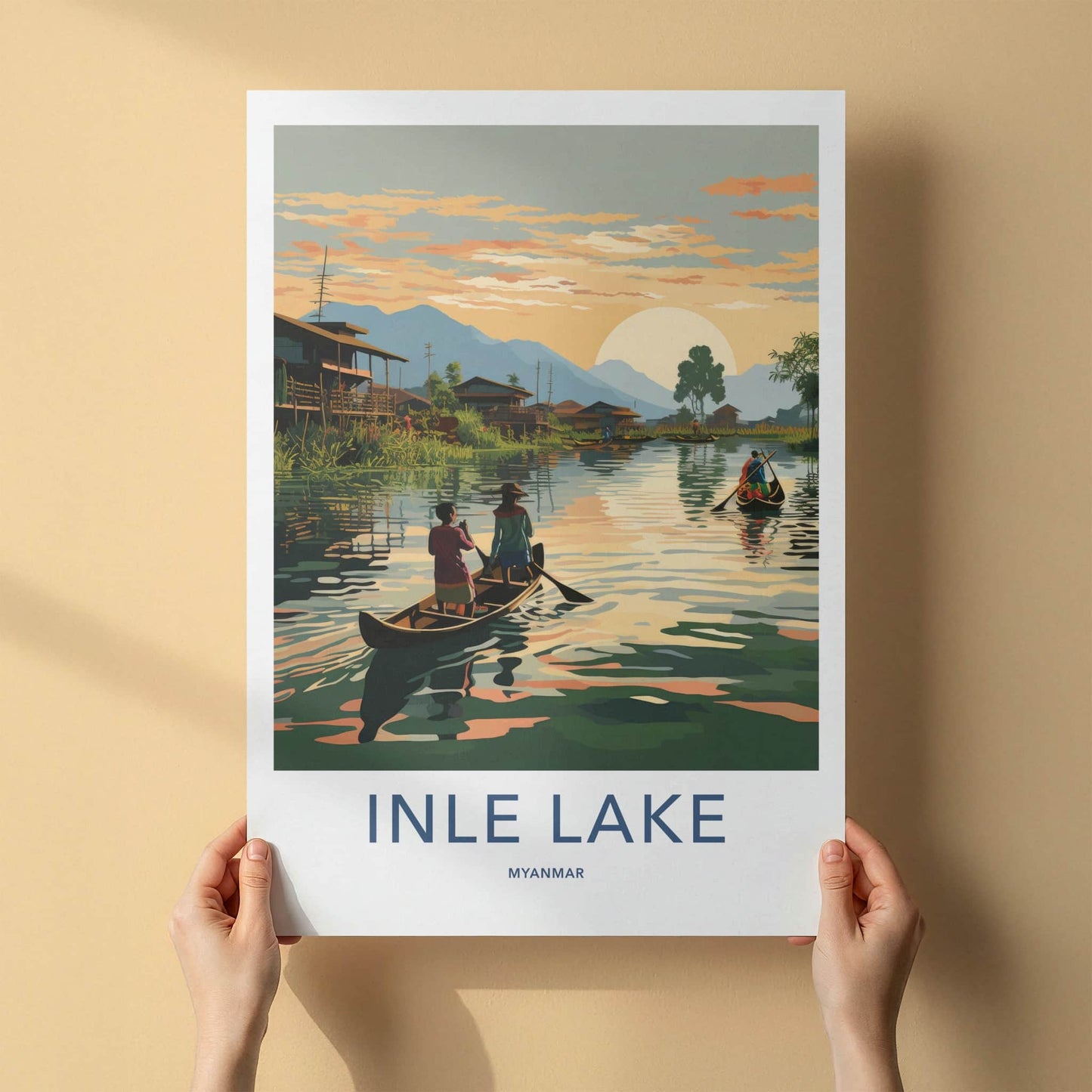 Inle Lake Poster - Myanmar Travel Art - Stilt Village Sunset Home Decor