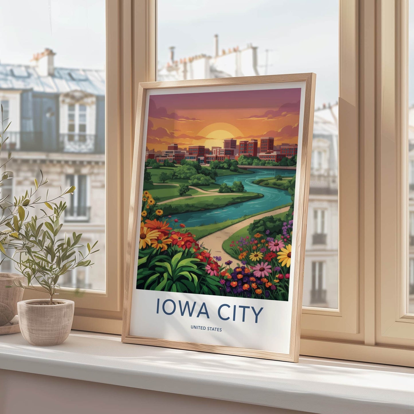 Iowa City Poster - Iowa Art Print - Sunset River Flowers Wall Decor
