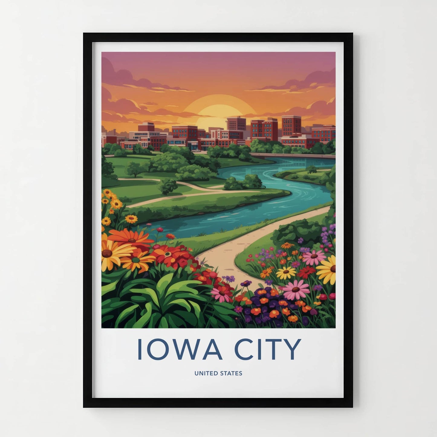 Iowa City Poster - Iowa Art Print - Sunset River Flowers Wall Decor