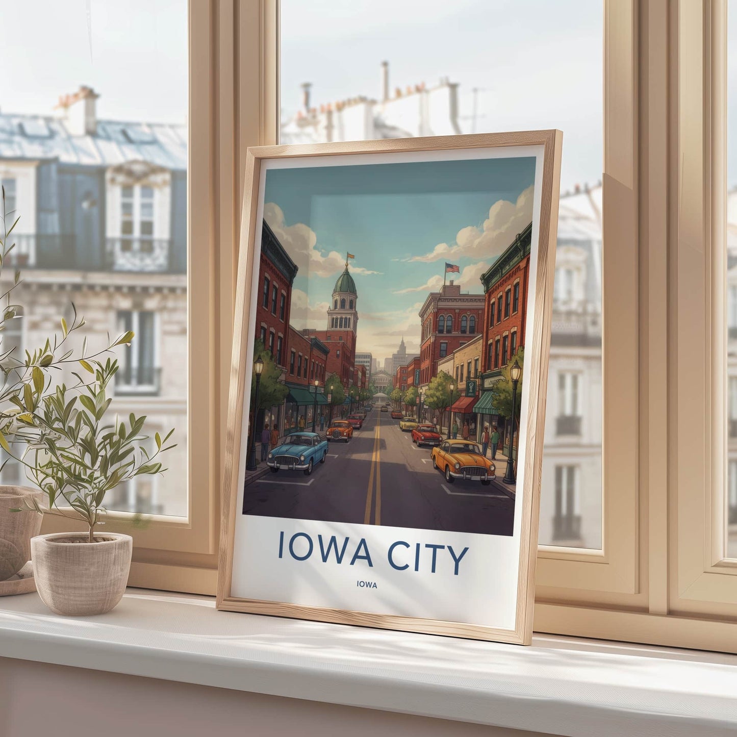 Iowa City Poster - Iowa Travel Art - Classic Cars Downtown Home Decor