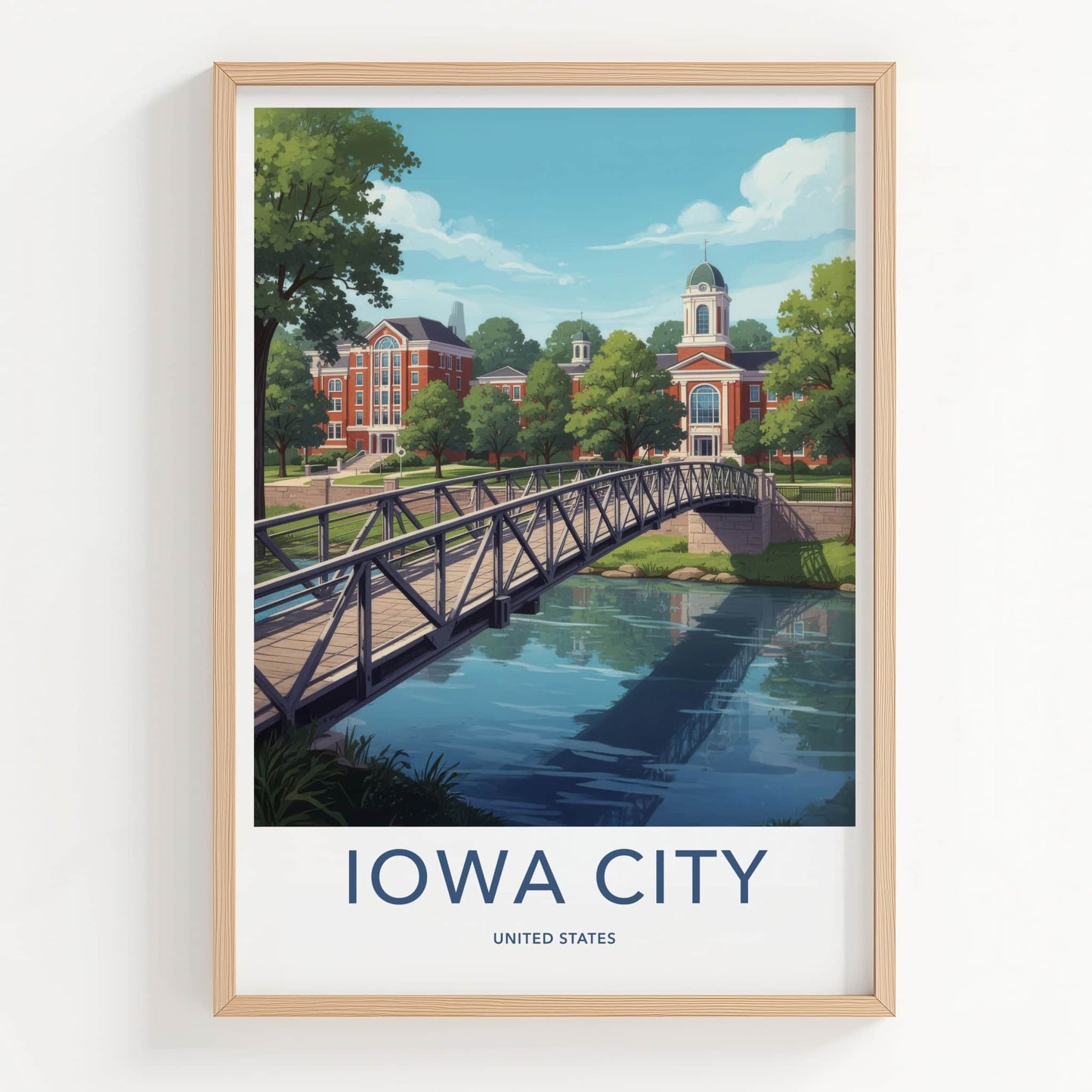Iowa City Poster - Iowa Travel Print - Campus River View Framed Decor