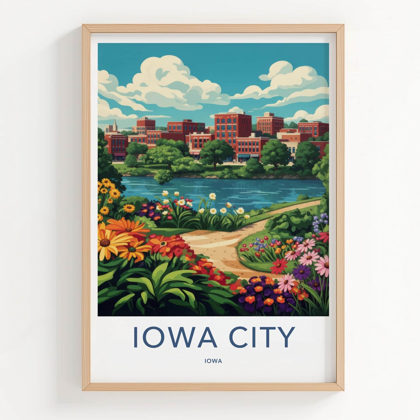 Iowa City Poster - Iowa Wall Art - Colorful Riverfront Town Home Decor