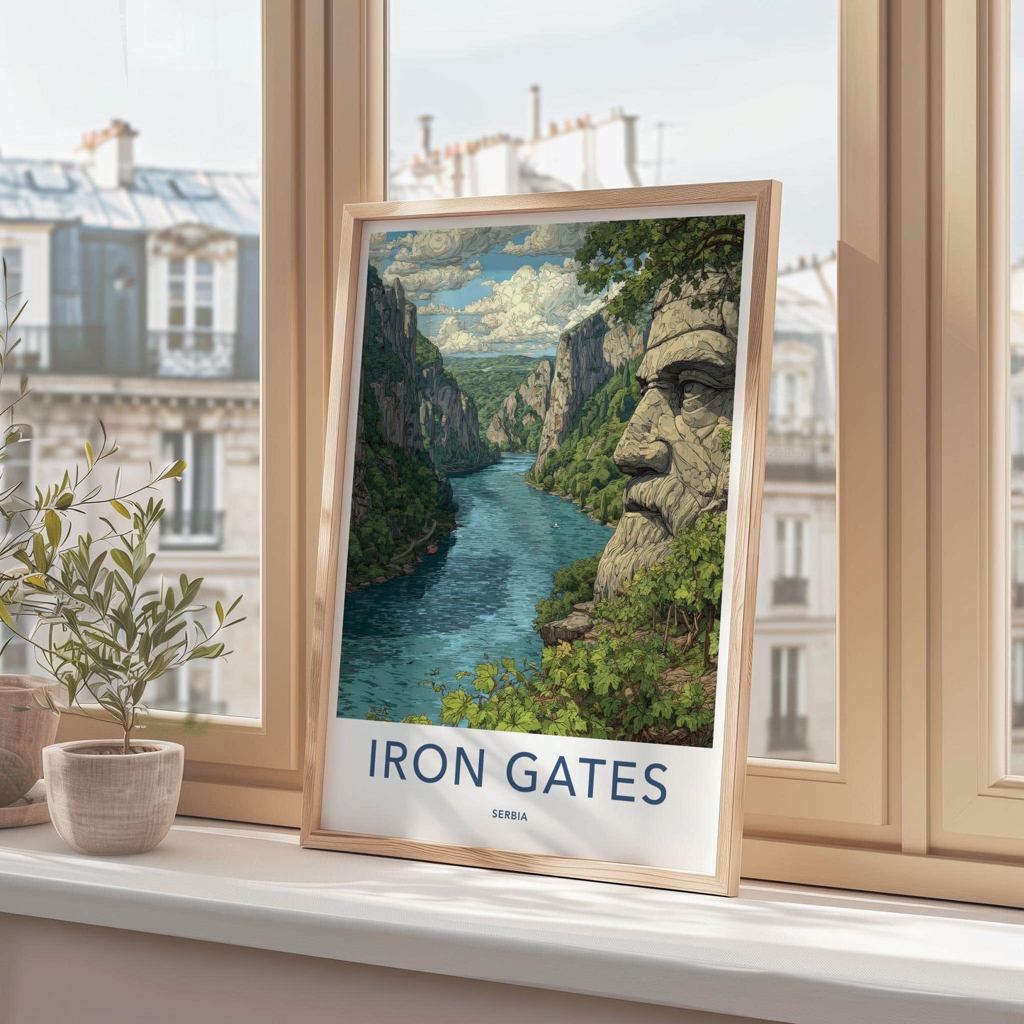 Iron Gates Poster - Serbia Travel Art - Carved Stone Face Home Decor
