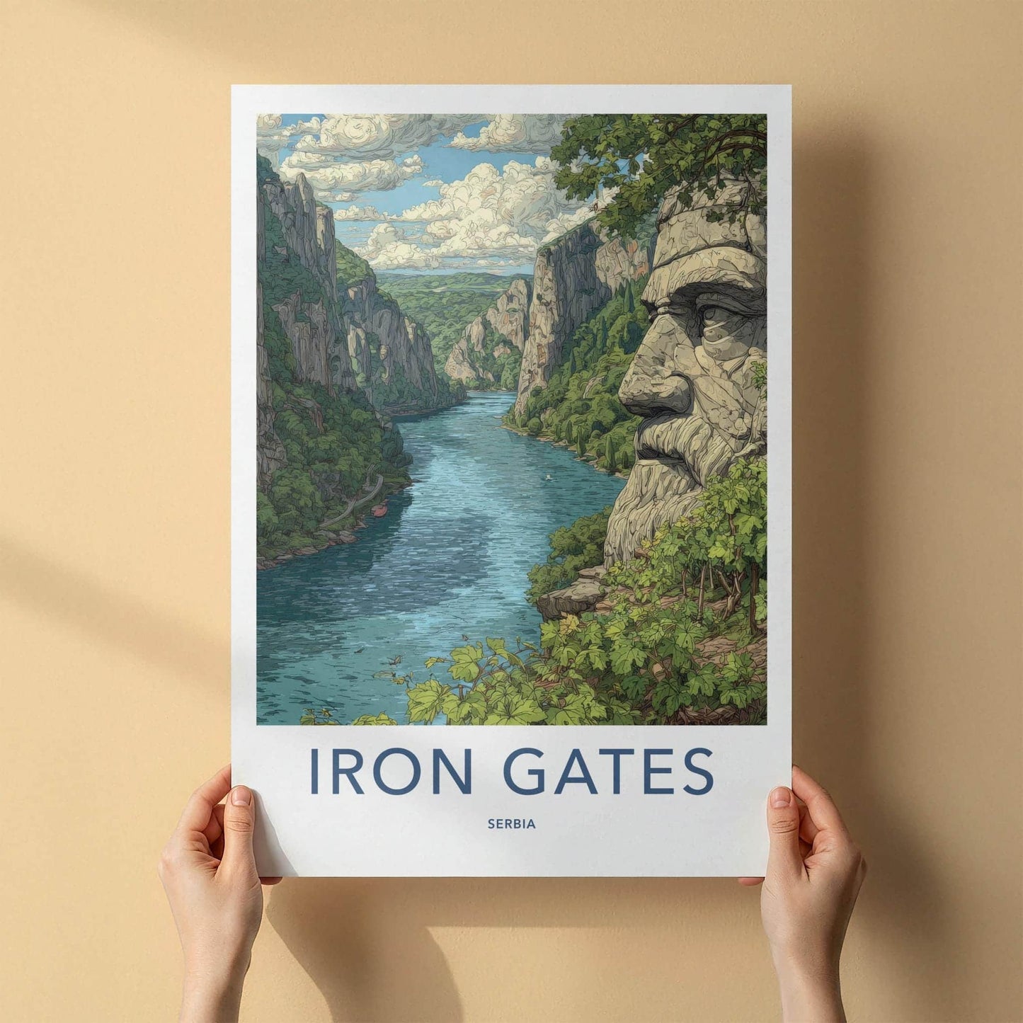Iron Gates Poster - Serbia Travel Art - Carved Stone Face Home Decor