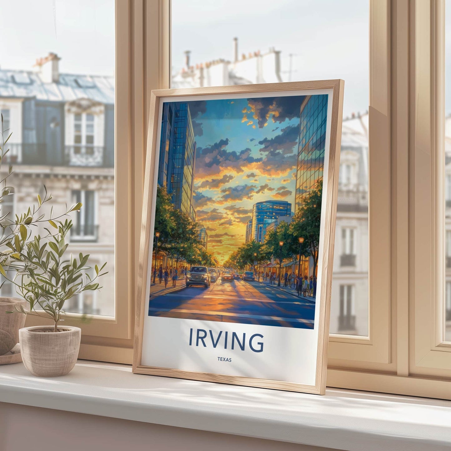 Irving Poster - Texas Travel Print - Golden Hour City Framed Decor
