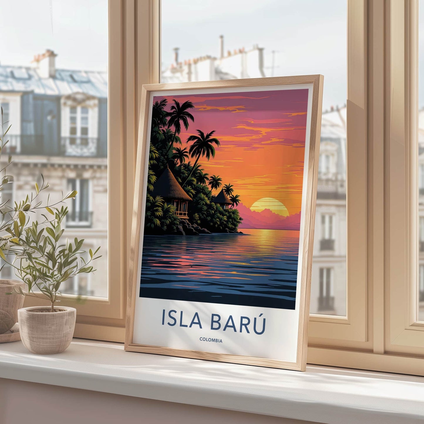 Isla Baru Poster - Colombia Travel Art - Tropical Sunset Huts Home Decor