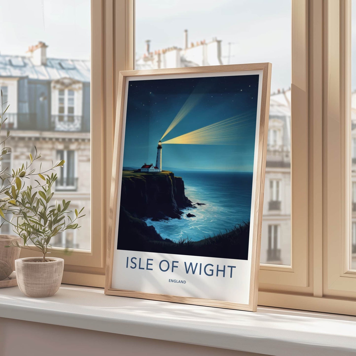 Isle of Wight Poster - England Travel Art - Cliffside Lighthouse Beams Wall Decor