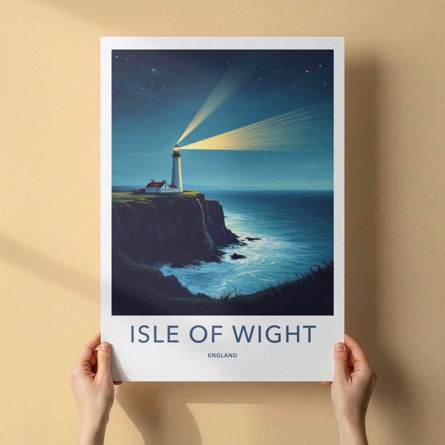 Isle of Wight Poster - England Travel Art - Cliffside Lighthouse Beams Wall Decor