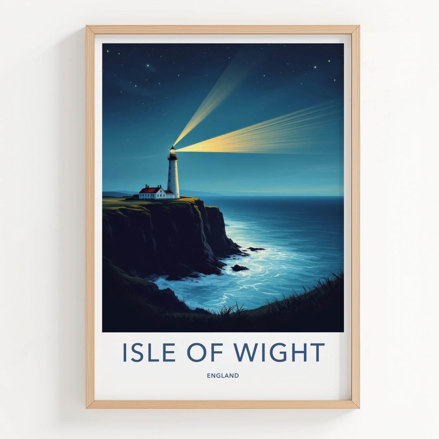 Isle of Wight Poster - England Travel Art - Cliffside Lighthouse Beams Wall Decor