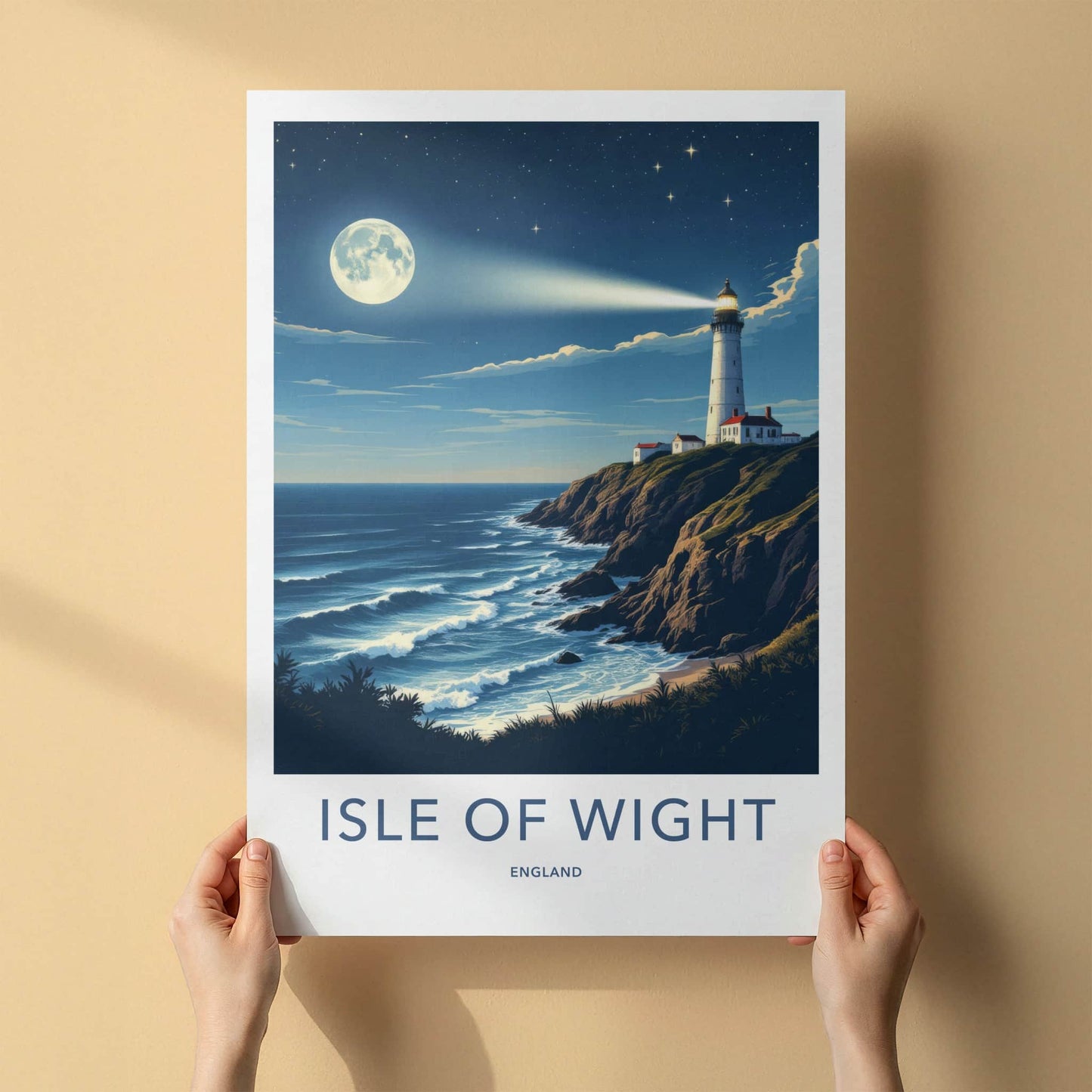 Isle Of Wight Poster - England Travel Art - Lighthouse Moonlit Coast Wall Decor