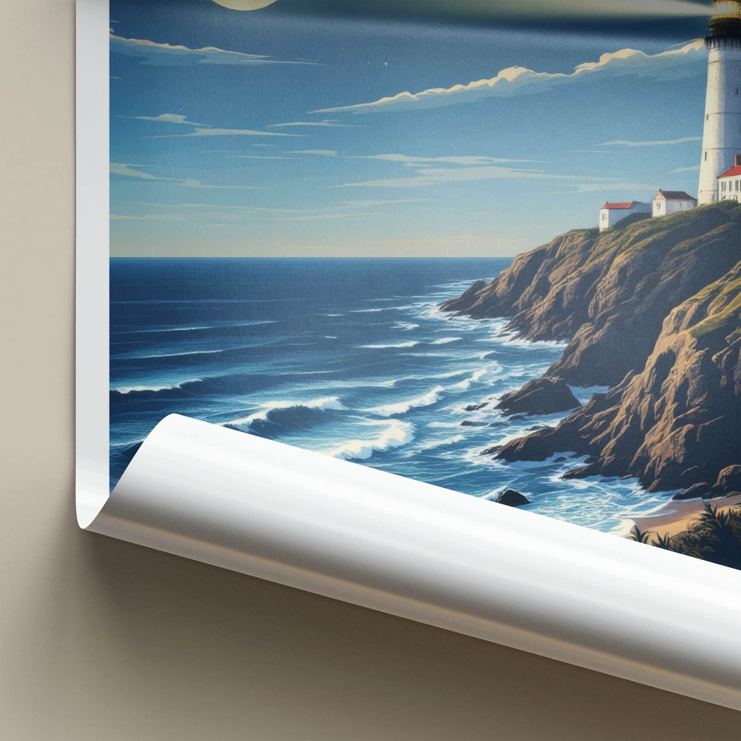 Isle Of Wight Poster - England Travel Art - Lighthouse Moonlit Coast Wall Decor