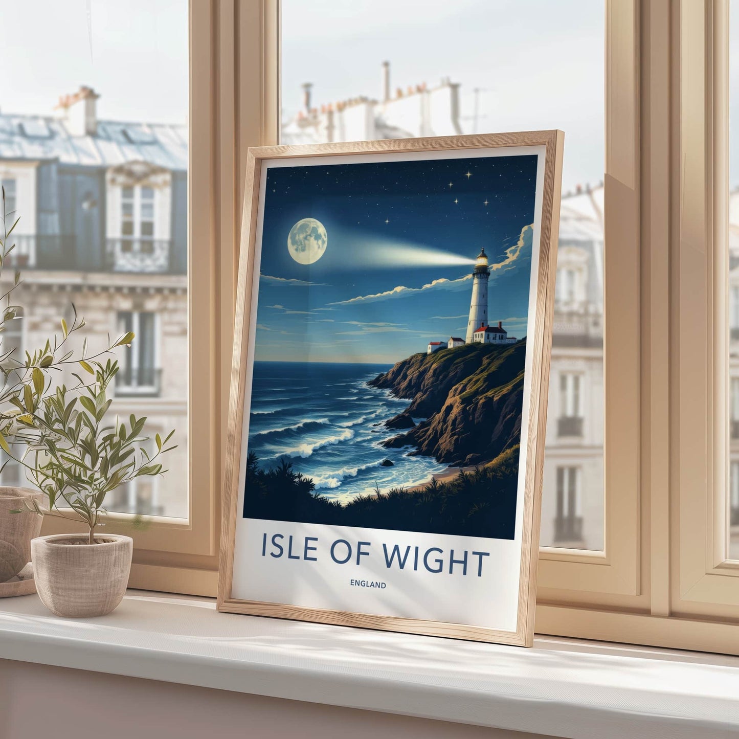 Isle Of Wight Poster - England Travel Art - Lighthouse Moonlit Coast Wall Decor
