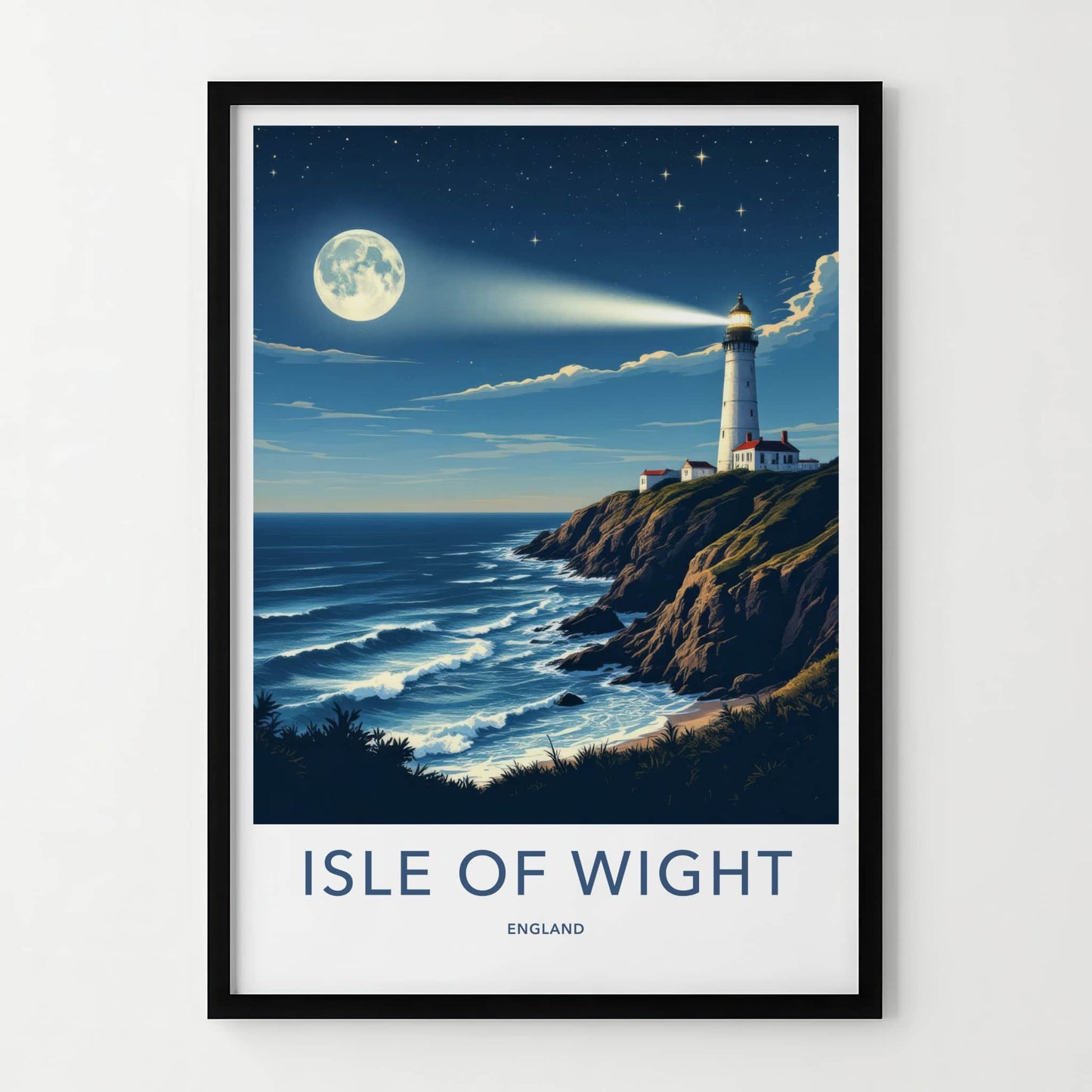 Isle Of Wight Poster - England Travel Art - Lighthouse Moonlit Coast Wall Decor