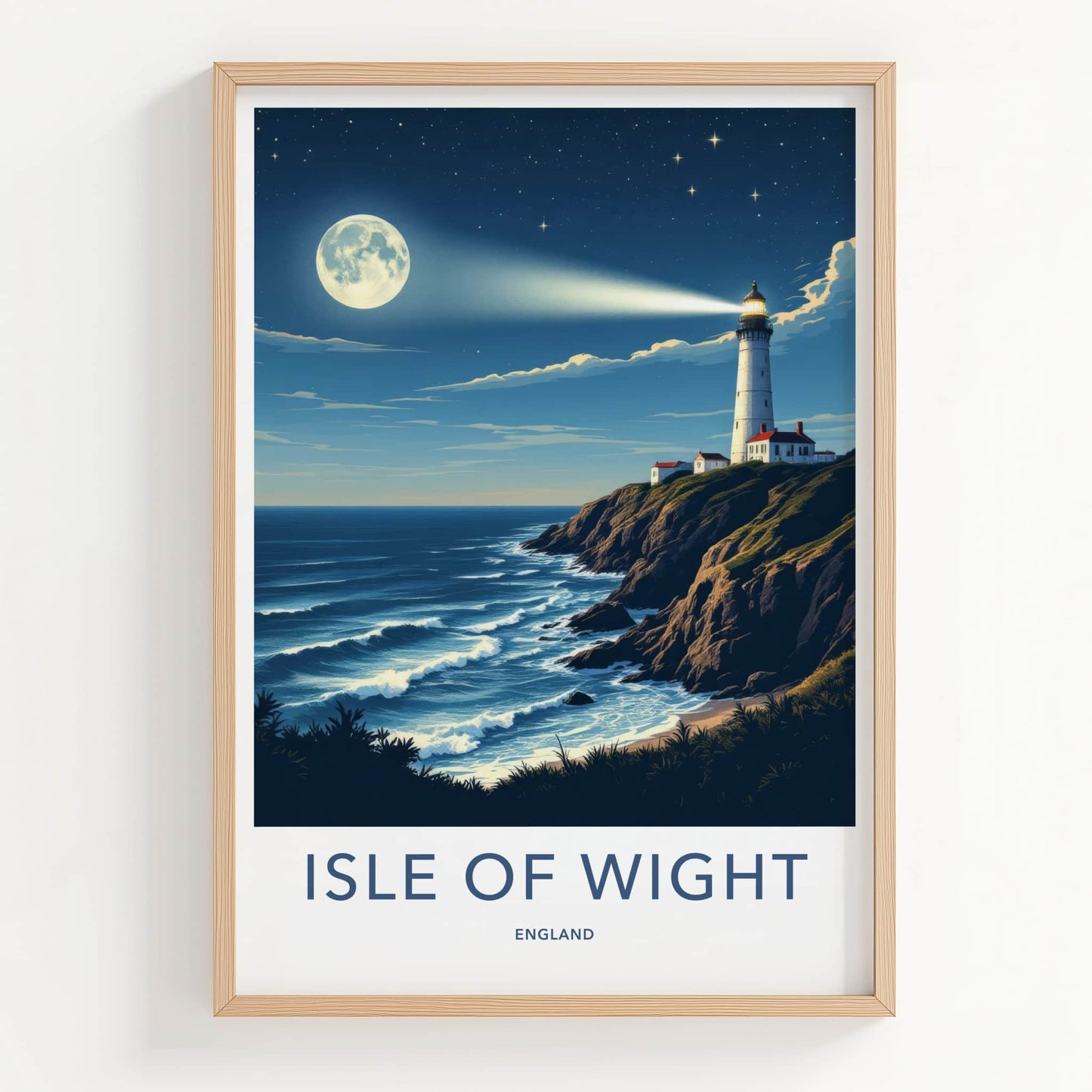 Isle Of Wight Poster - England Travel Art - Lighthouse Moonlit Coast Wall Decor