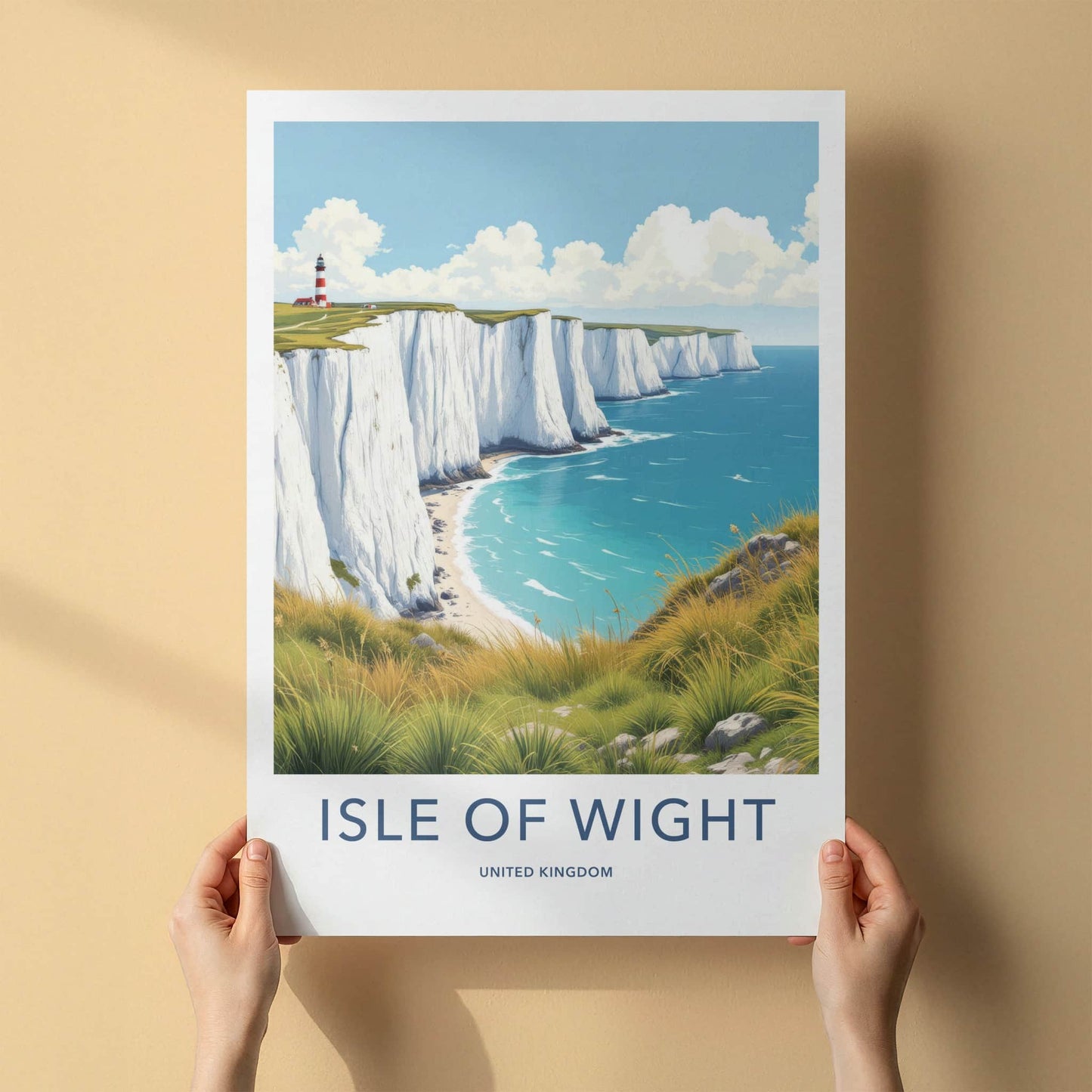 Isle Of Wight Poster - United Kingdom Travel Art - Cliffs Lighthouse Scene Wall Decor
