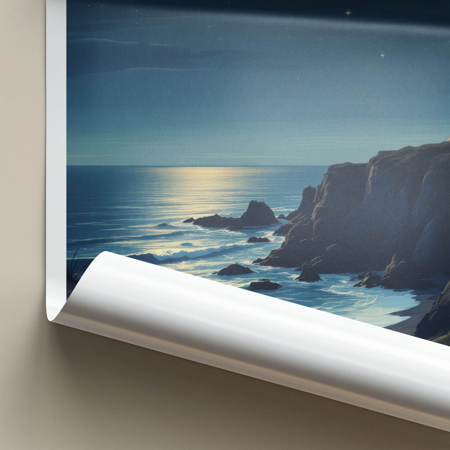 Isle of Wight Poster - United Kingdom Travel Art - Moonlit Lighthouse Cliffs Home Decor