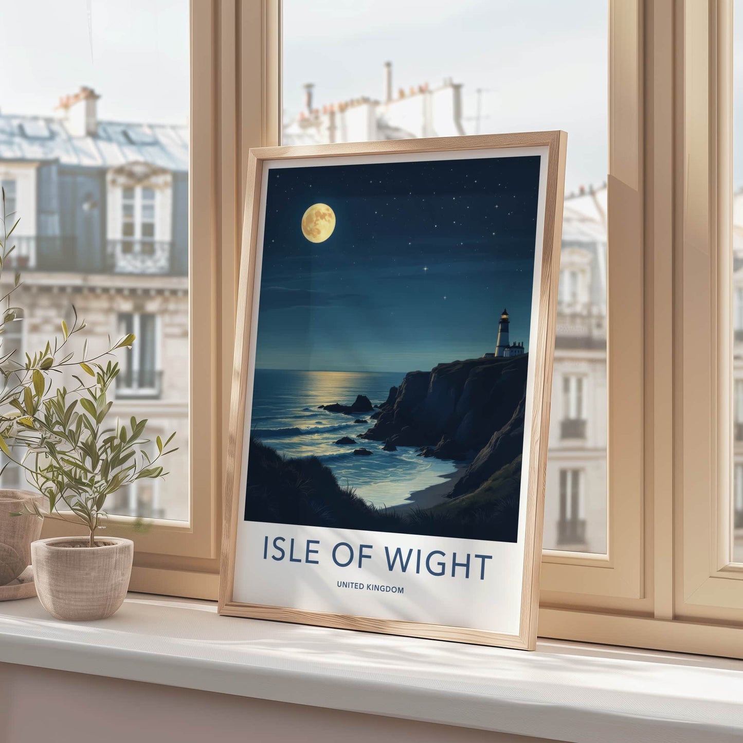 Isle of Wight Poster - United Kingdom Travel Art - Moonlit Lighthouse Cliffs Home Decor
