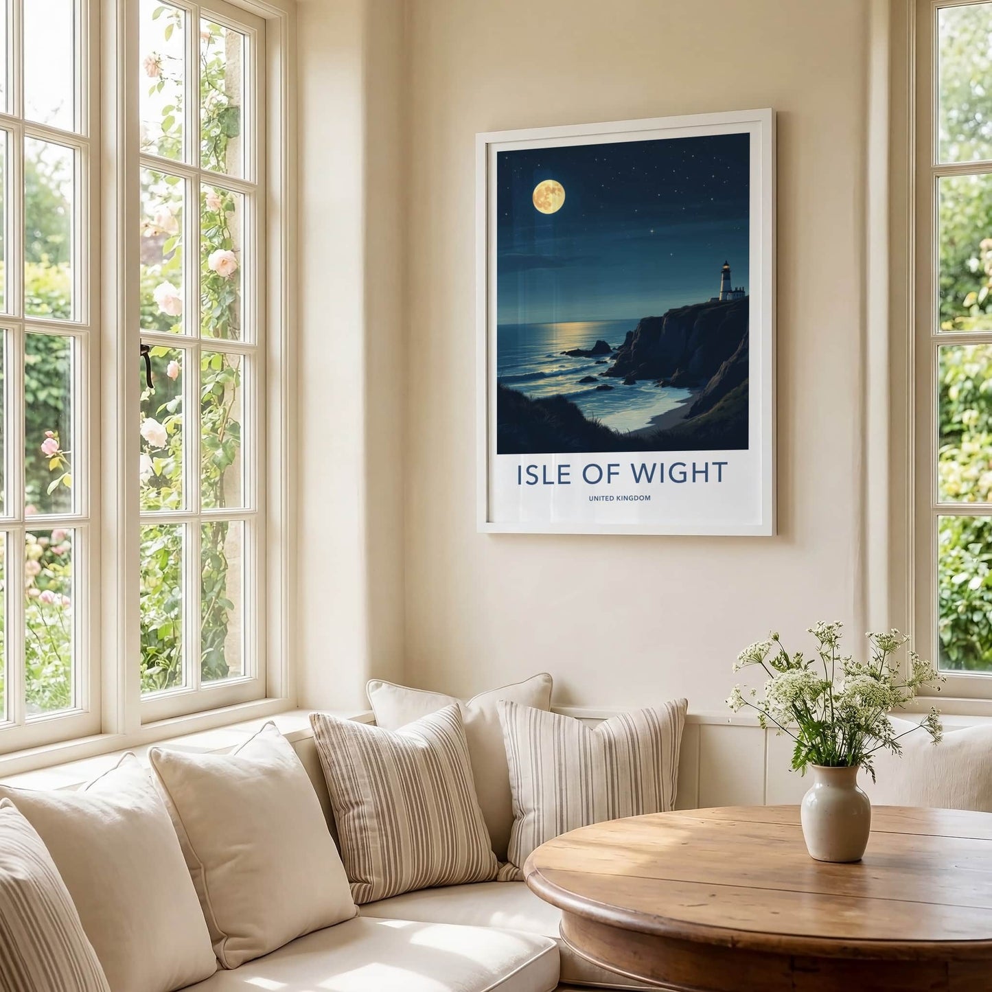 Isle of Wight Poster - United Kingdom Travel Art - Moonlit Lighthouse Cliffs Home Decor