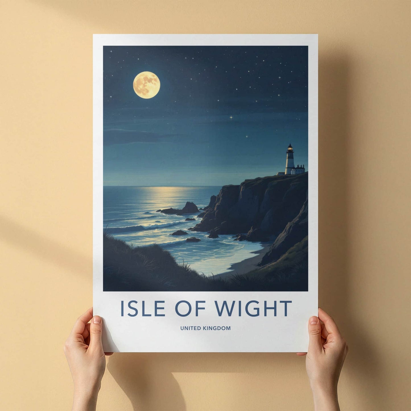 Isle of Wight Poster - United Kingdom Travel Art - Moonlit Lighthouse Cliffs Home Decor