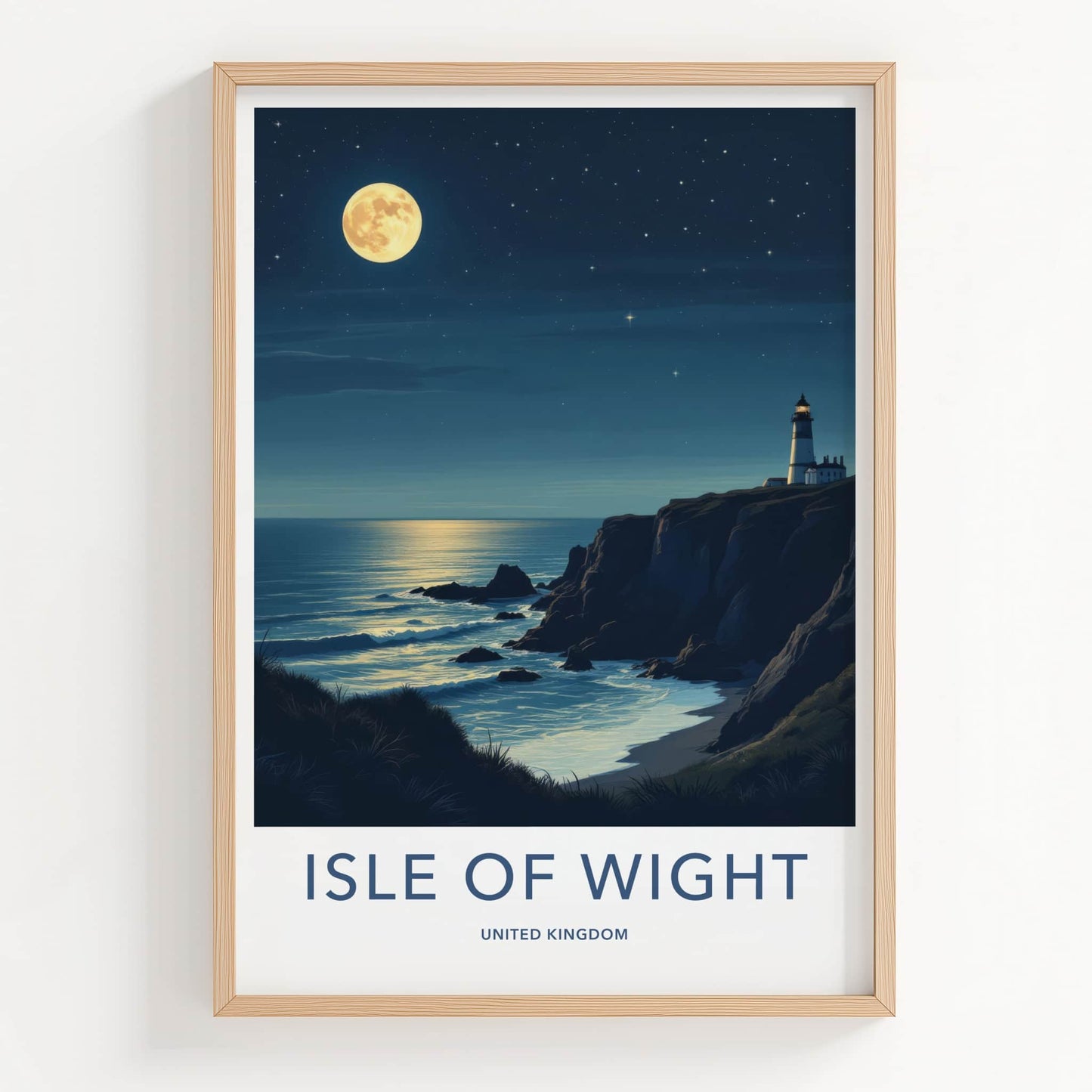 Isle of Wight Poster - United Kingdom Travel Art - Moonlit Lighthouse Cliffs Home Decor