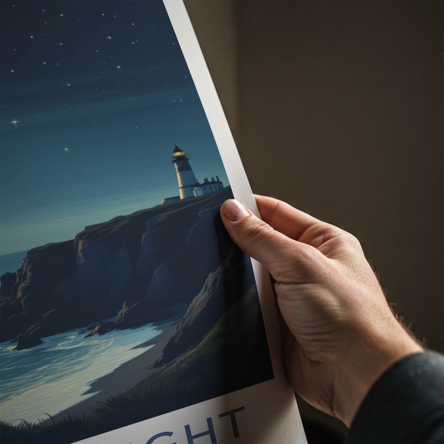 Isle of Wight Poster - United Kingdom Travel Art - Moonlit Lighthouse Cliffs Home Decor